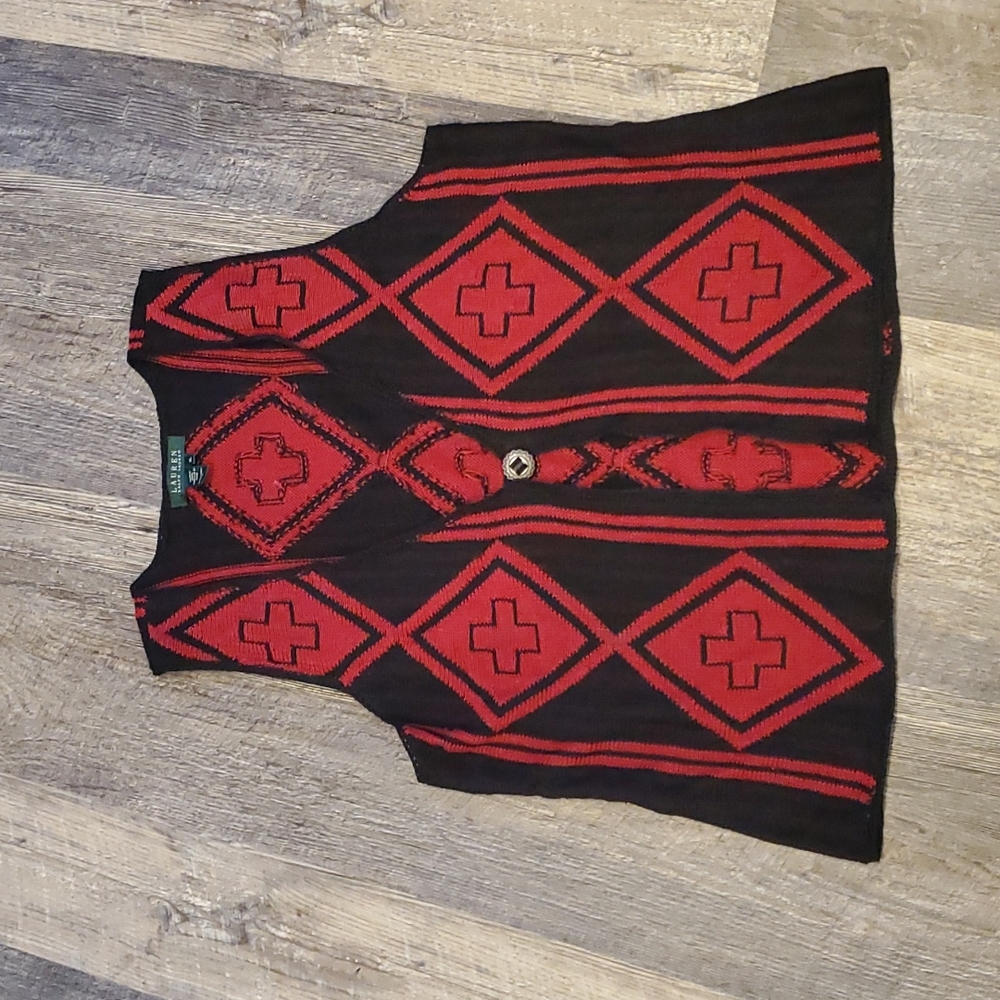 Vintage Lauren Ralph Lauren Linen Native Pattern Cardigan Vest Western Aztec